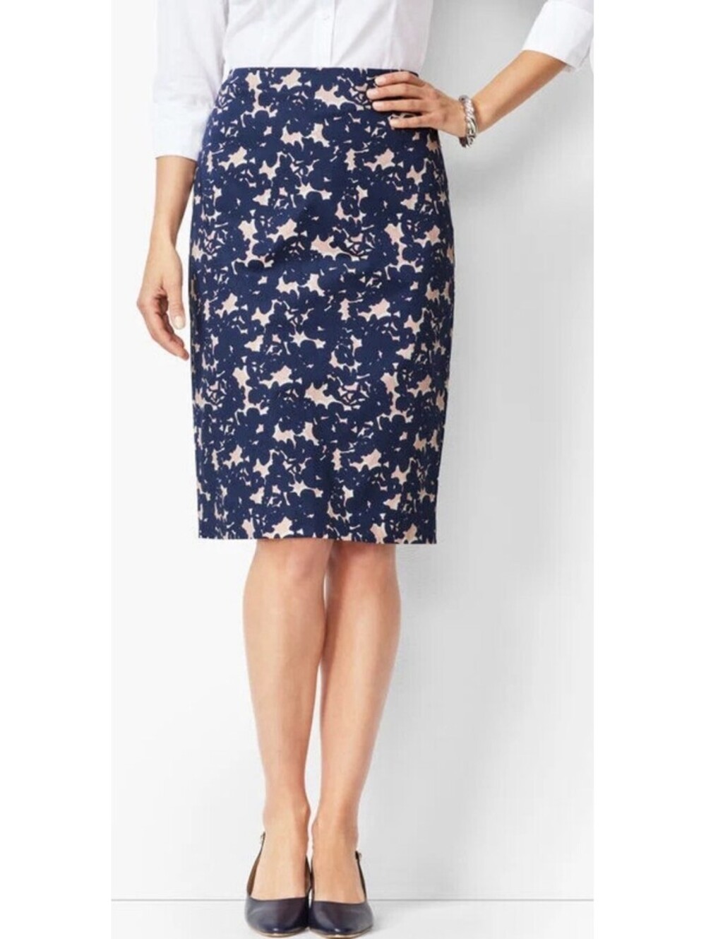 Talbots Navy and Light Pink Floral Pencil Skirt, Size 8